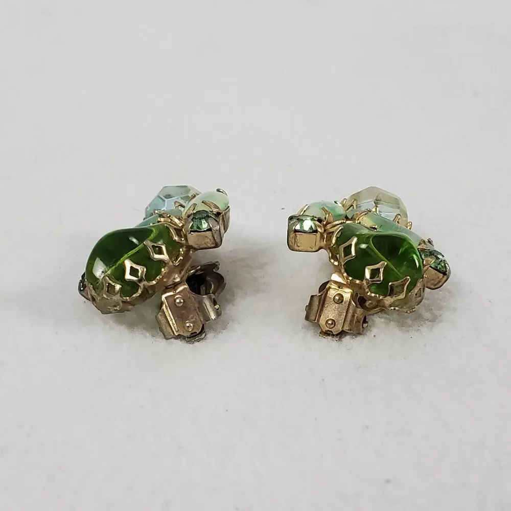 Vintage MCM Green Rhinestone Gold Tone Brooch and Earrings Set